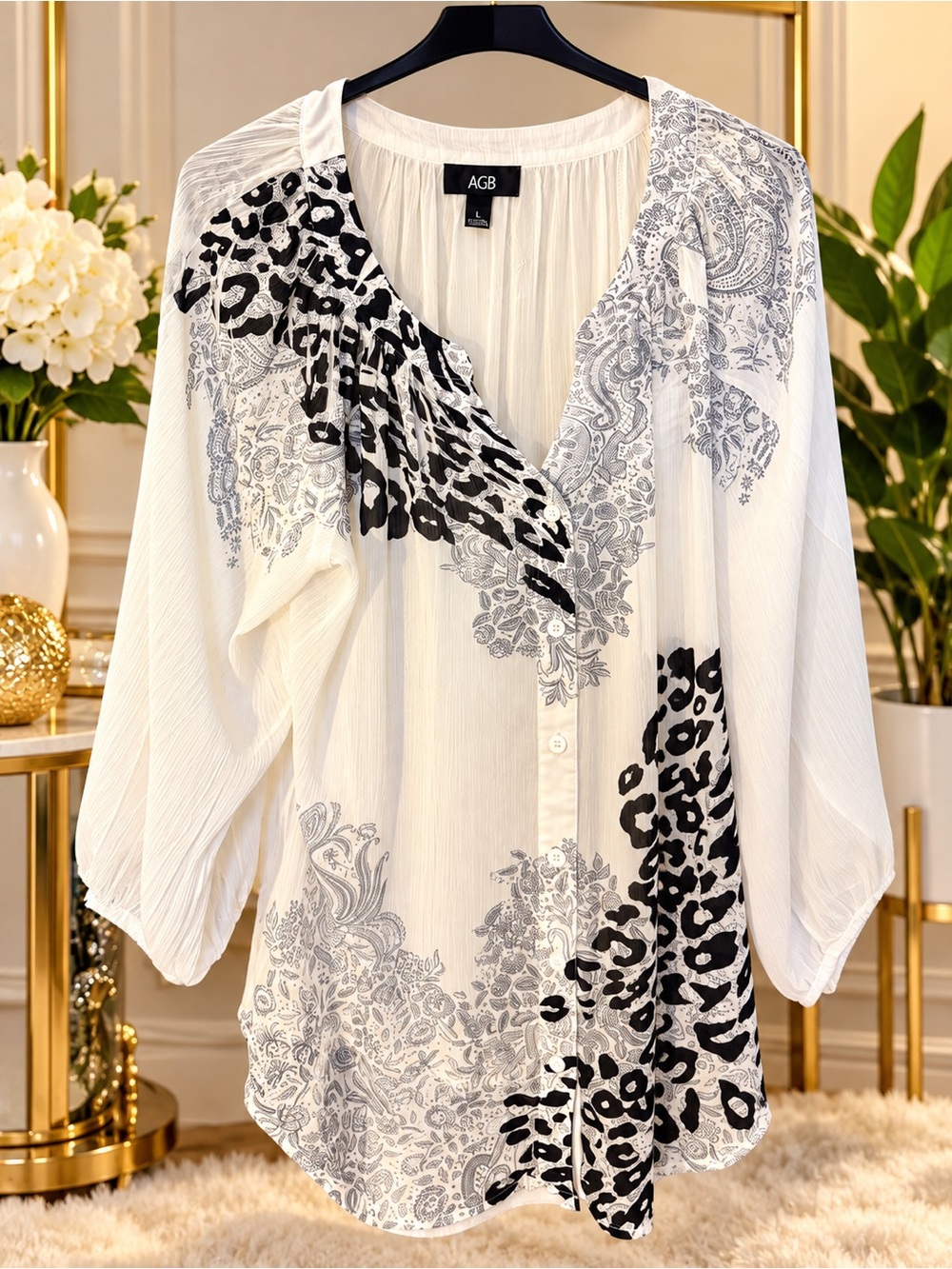AGB White Blouse with Black and Gray Print Mix